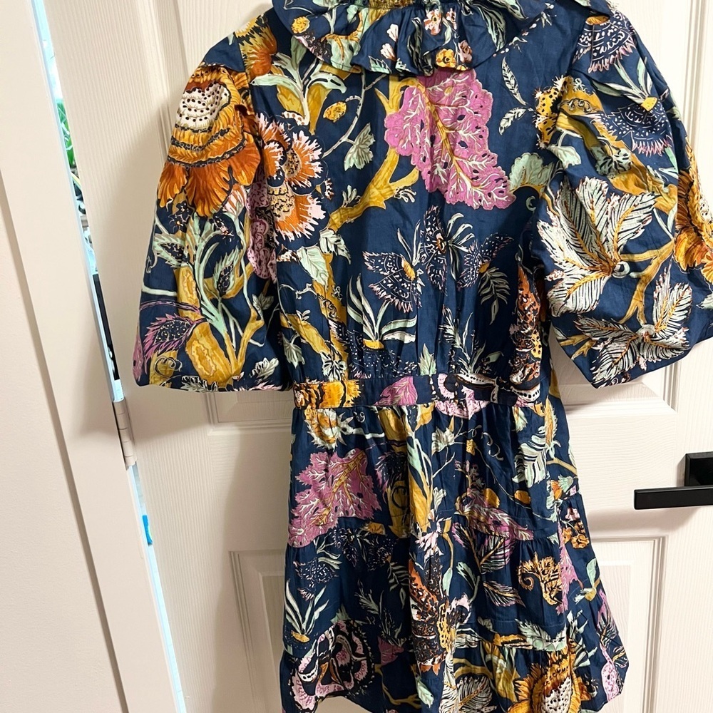 House of Harlow 1960 Floral Tropical Print Navy Blue Puff Sleeve Wrap Dress L - Picture 7 of 8